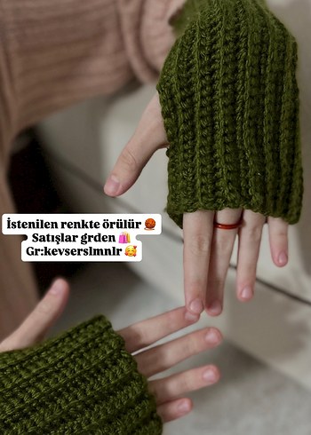 Kadın Haki Örgü Parmaksız Eldiven - Görsel 2