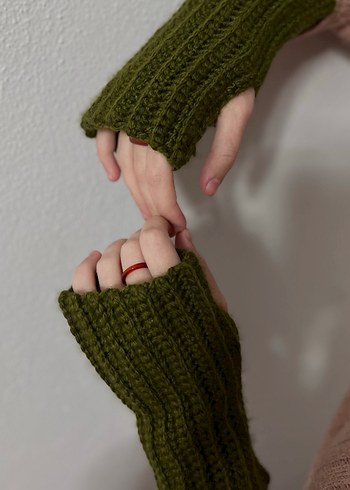 Kadın Haki Örgü Parmaksız Eldiven - Görsel 5