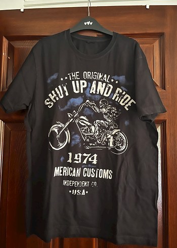 Baskılı Siyah Biker Tişört