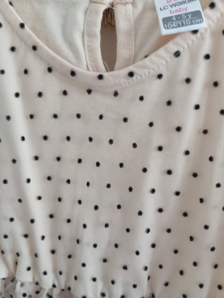 Uzun Kollu Puantiyeli Bej Kız Elbise - Görsel 4