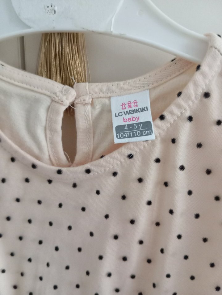 Uzun Kollu Puantiyeli Bej Kız Elbise - Görsel 5