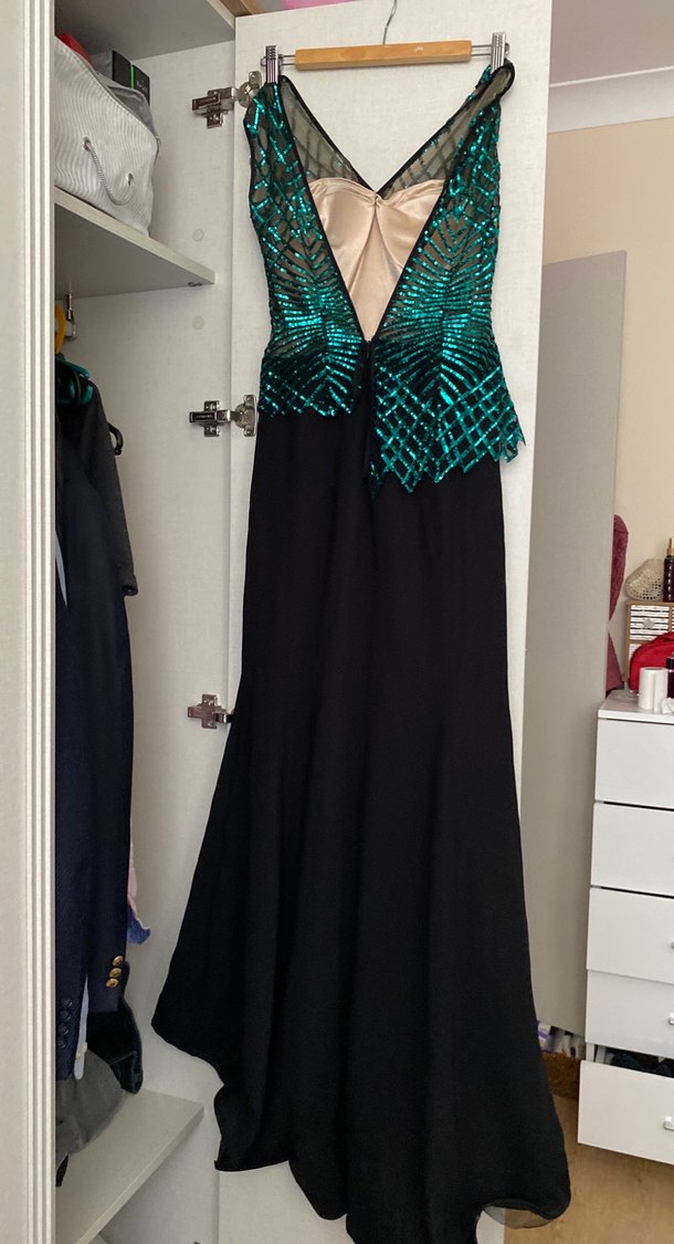 Turkuaz Desenli Straplez Uzun Abiye Elbise - Görsel 2