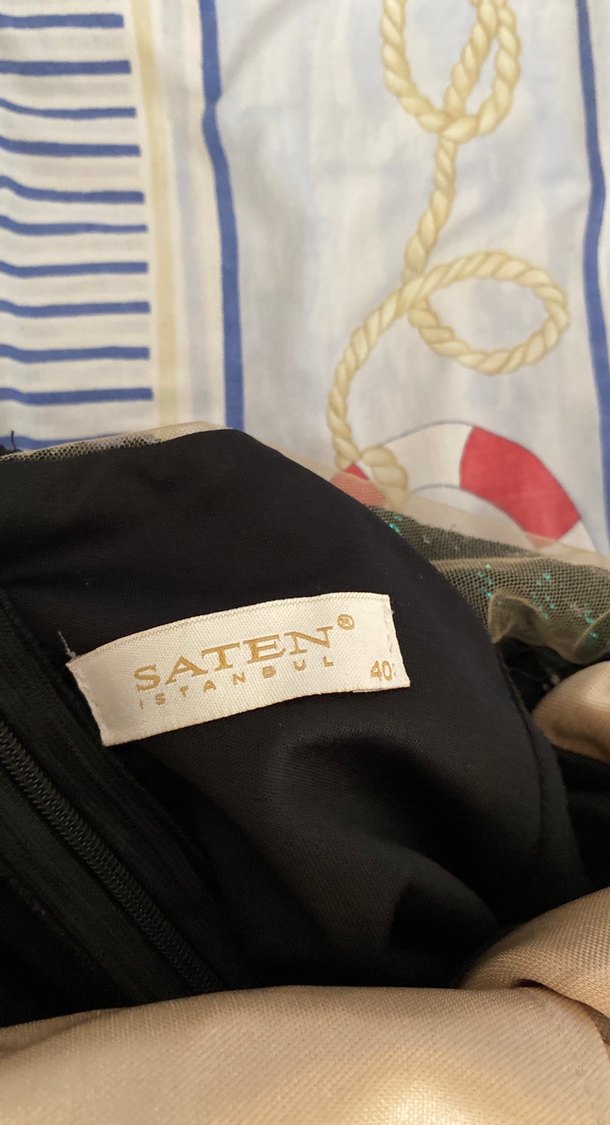 Turkuaz Desenli Straplez Uzun Abiye Elbise - Görsel 3