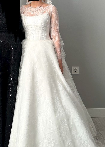 Uzun Kollu Fransız Dantel A Kesim Gelinlik - Görsel 2