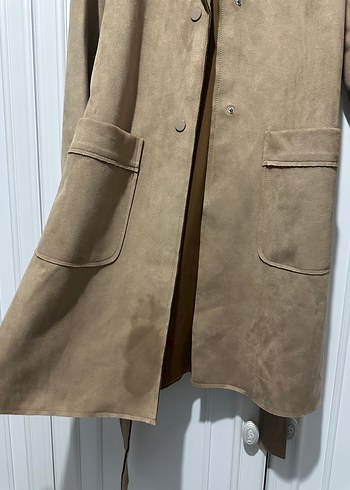 Bej Süet Uzun Kadın Trençkot - Görsel 5