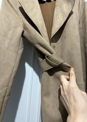 Bej Süet Uzun Kadın Trençkot - Görsel 6