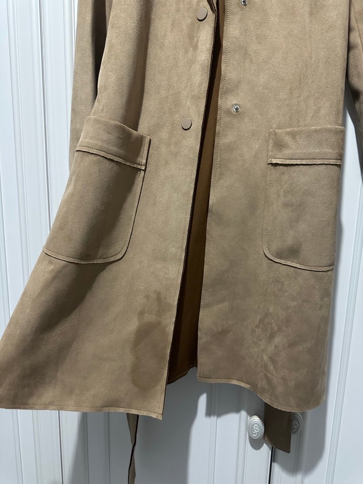 Bej Süet Uzun Kadın Trençkot - Görsel 5