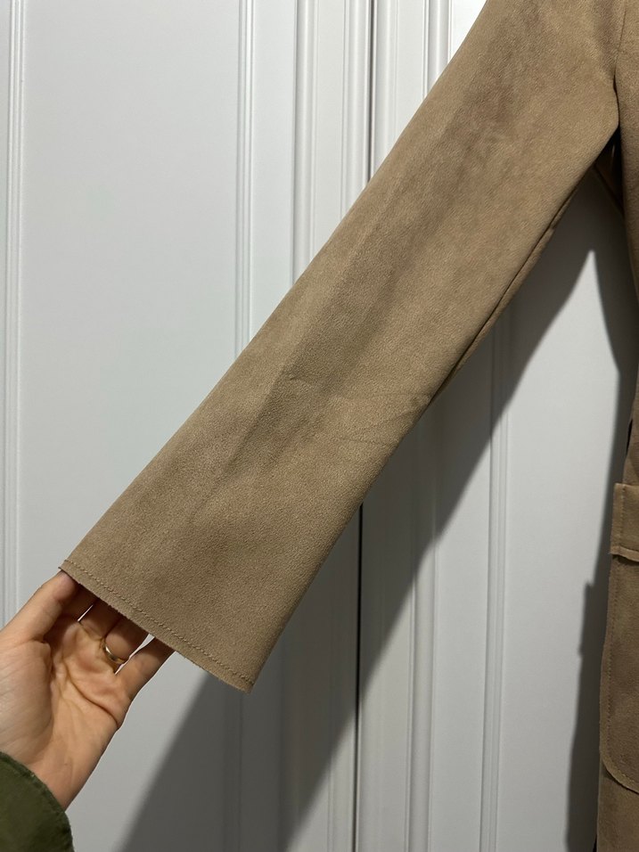 Bej Süet Uzun Kadın Trençkot - Görsel 3