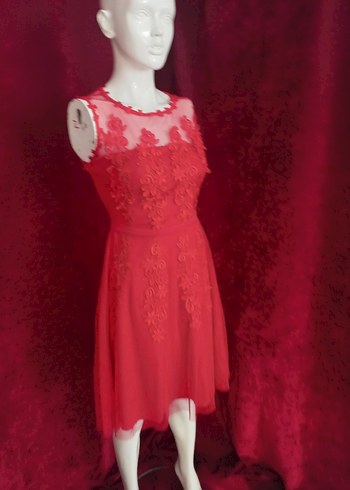 Kırmızı Dantel İşlemeli Uzun Elbise - Görsel 2