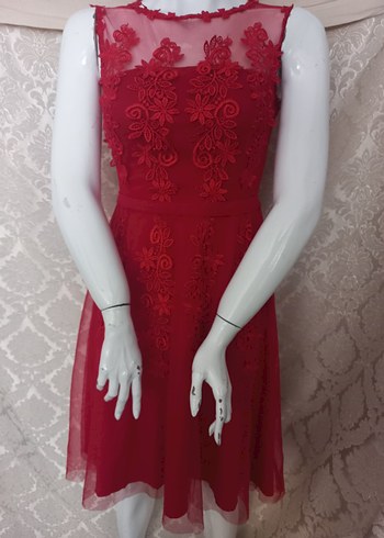 Kırmızı Dantel İşlemeli Uzun Elbise - Görsel 7