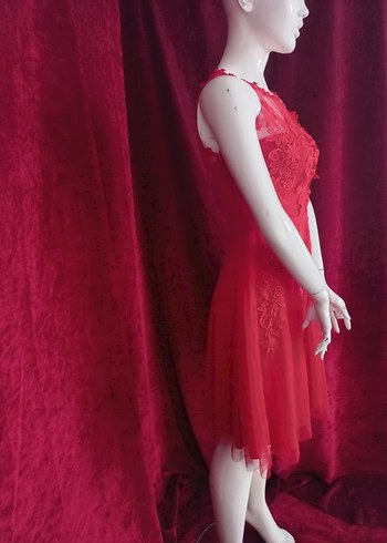 Kırmızı Dantel İşlemeli Uzun Elbise - Görsel 4