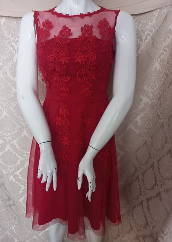 Kırmızı Dantel İşlemeli Uzun Elbise - Görsel 6