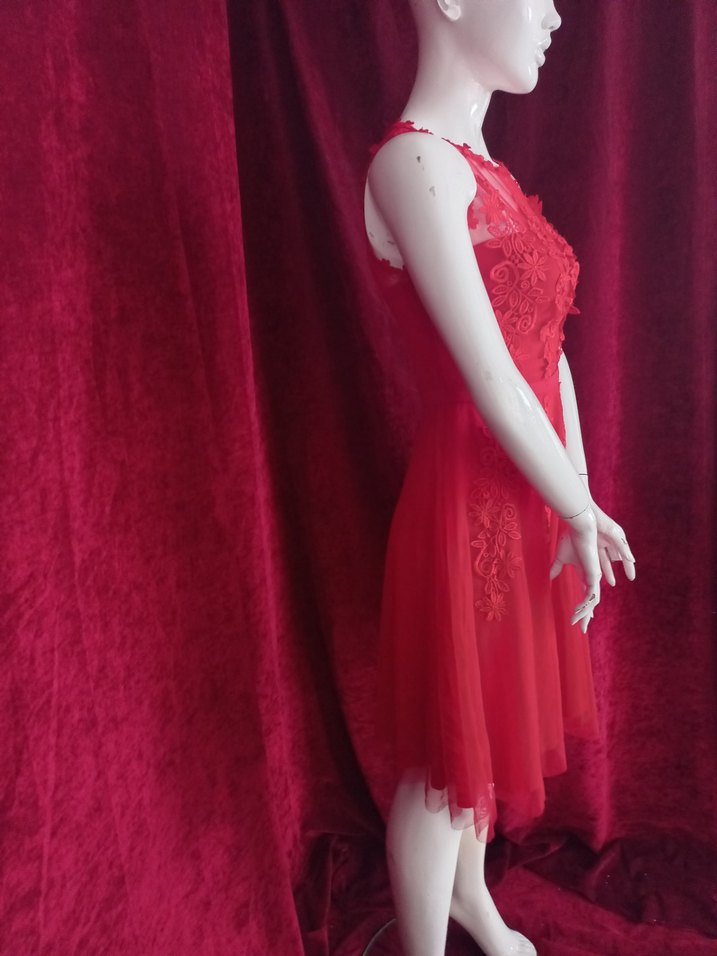 Kırmızı Dantel İşlemeli Uzun Elbise - Görsel 4