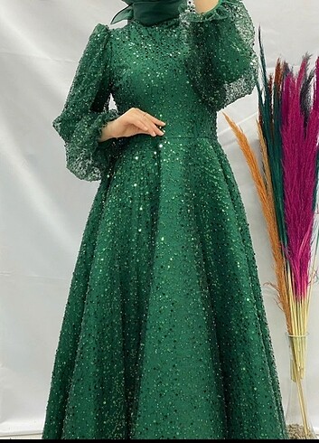 Diğer Tesettür abiye Eva prenses model zümrüt yeşili payetli 
