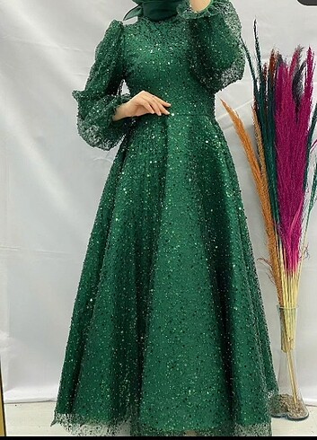 xl Beden yeşil Renk Tesettür abiye Eva prenses model zümrüt yeşili payetli 