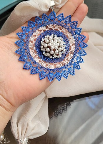  Beden Boncuk Detaylı Mavi Bohem Kadın fular