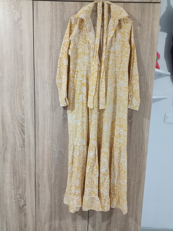 Sarı Uzun Kollu Bohem Keten Elbise - Görsel 2