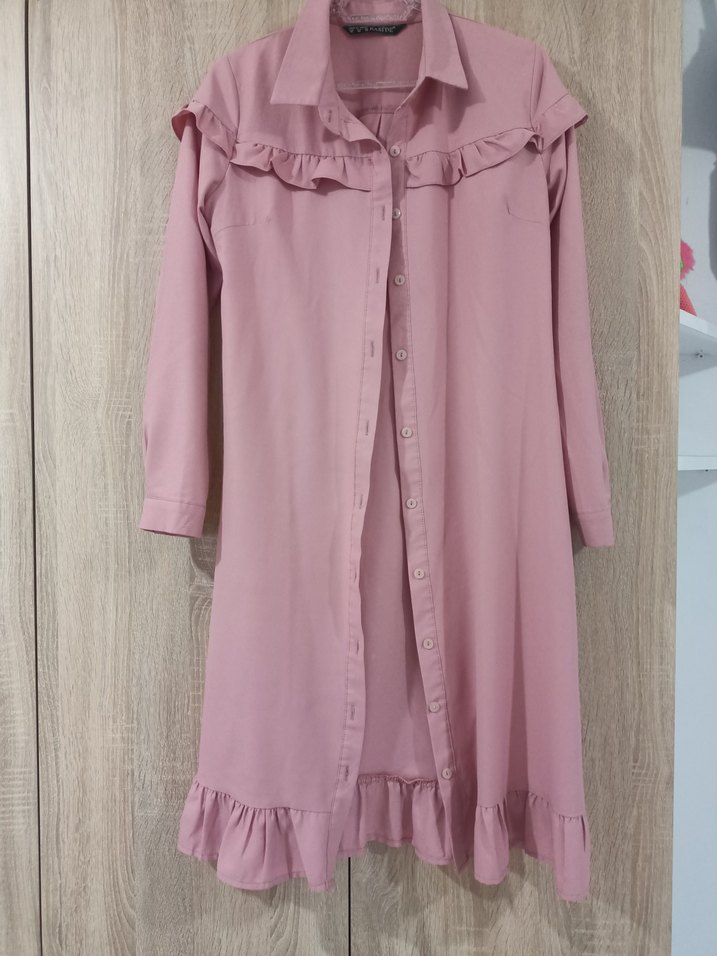 Pembe Uzun Kollu Fırfırlı Keten Tunik - Görsel 2