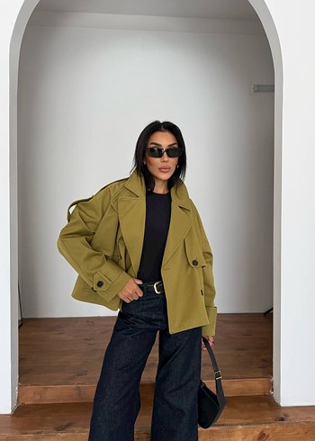 Zara Yağ YeşiliKadın Kemerli Kısa Trençkot