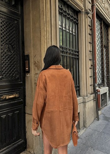 l Beden Düğmeli Kahverengi Süet Midi Kadın Ceket