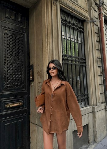 Zara Düğmeli Kahverengi Süet Midi Kadın Ceket