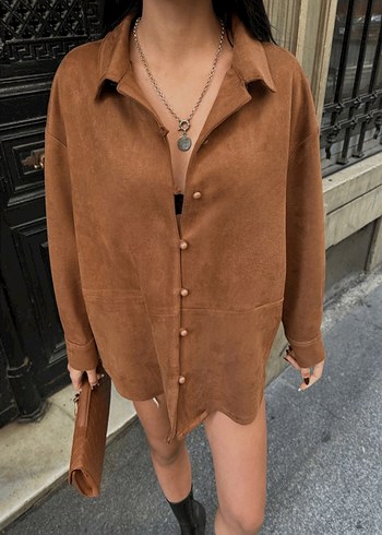 Stradivarius Kahverengi Süet Midi Ceket