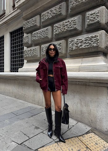 Bordo Kadın Süet Mini Bomber Ceket - Görsel 3