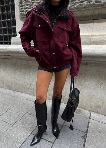 Bordo Kadın Süet Mini Bomber Ceket - Görsel 2