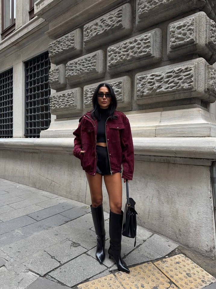 Bordo Kadın Süet Mini Bomber Ceket - Görsel 3