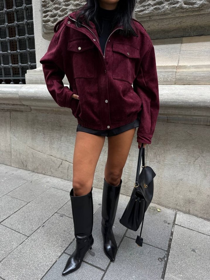 Bordo Kadın Süet Mini Bomber Ceket - Görsel 2