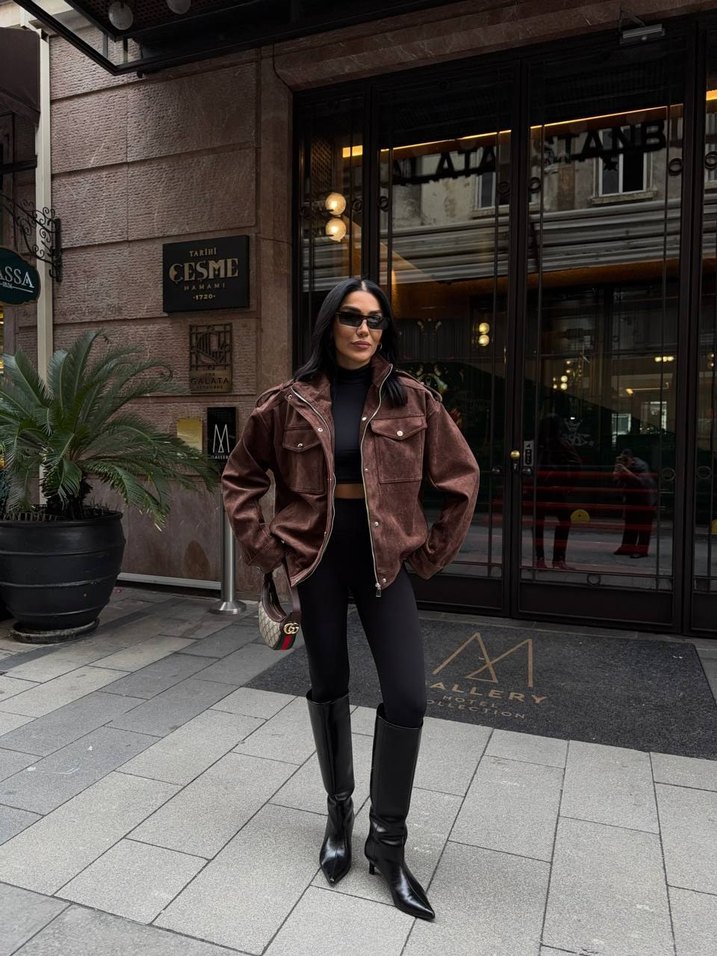 Düğmeli Kahverengi Süet/Deri Mont - Görsel 2