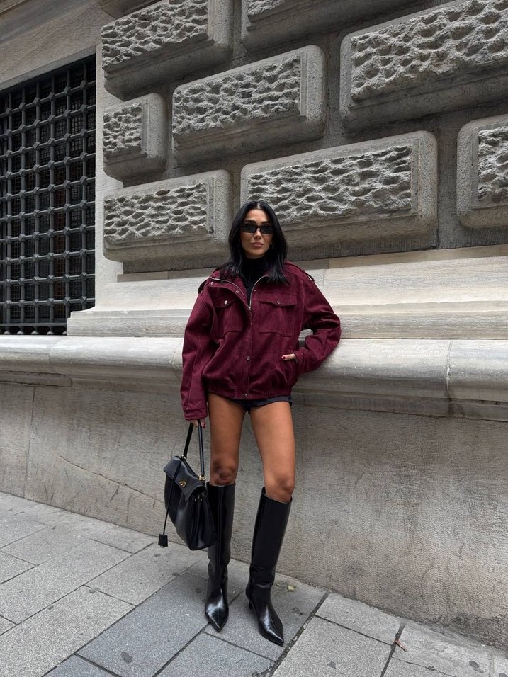 bordo süet ceket - Görsel 4