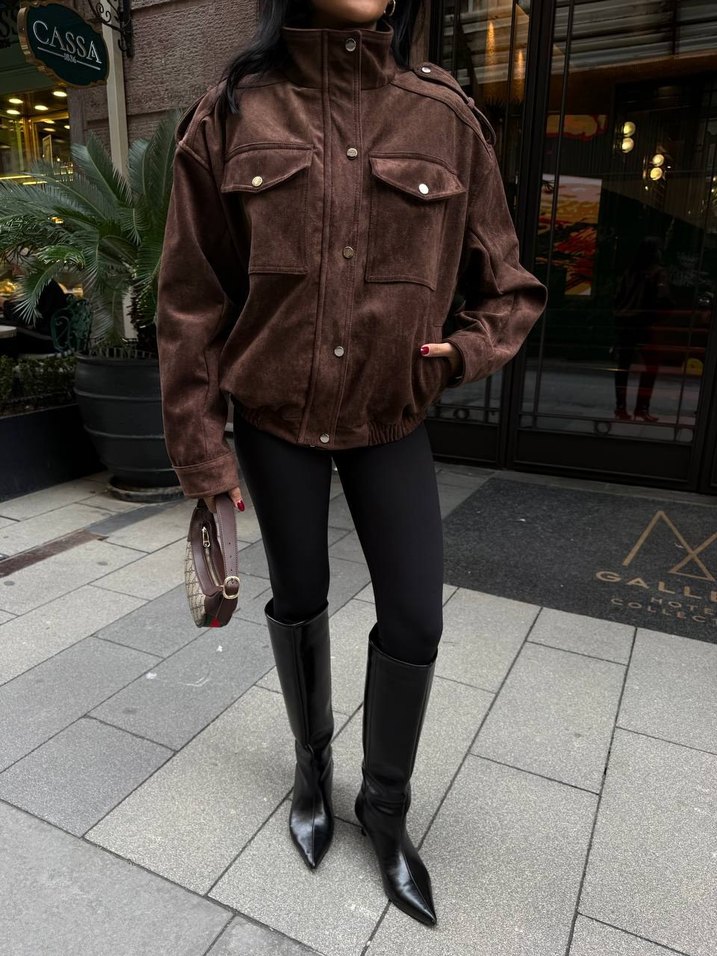 Düğmeli Kahverengi Süet/Deri Mont - Görsel 2