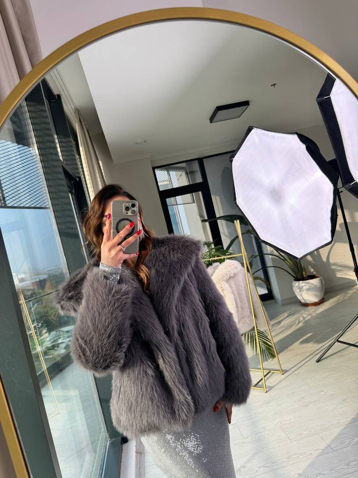 Gri Kadın Suni Kürk Ceket - Görsel 2