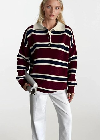 Düğmeli Polo Yaka Çizgili Kadın Kazak - Görsel 2