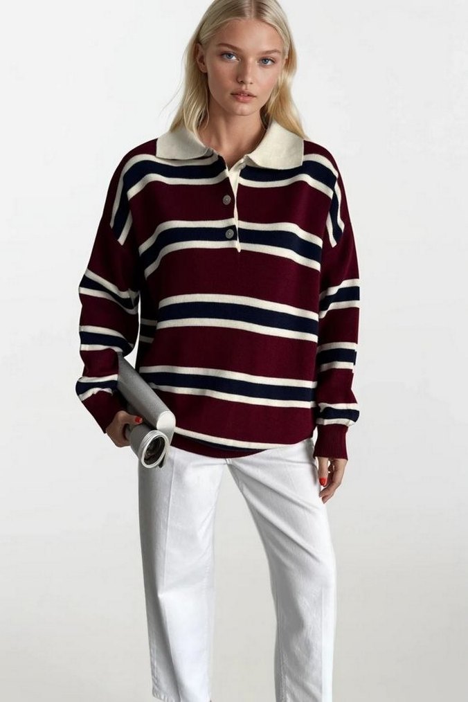 Düğmeli Polo Yaka Çizgili Kadın Kazak - Görsel 2