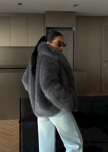 Gri Suni Kürk Detaylı Midi Boy Mont - Görsel 2