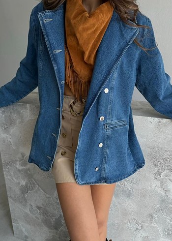 Düğmeli Kısa Mavi Denim Ceket - Görsel 2