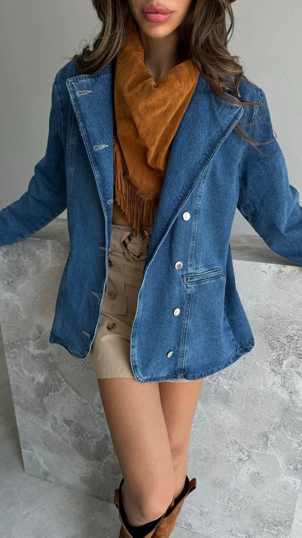 Düğmeli Kısa Mavi Denim Ceket - Görsel 2