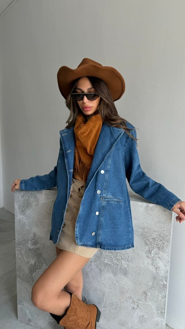 Düğmeli Mavi Kadın Kot Ceket - Görsel 2