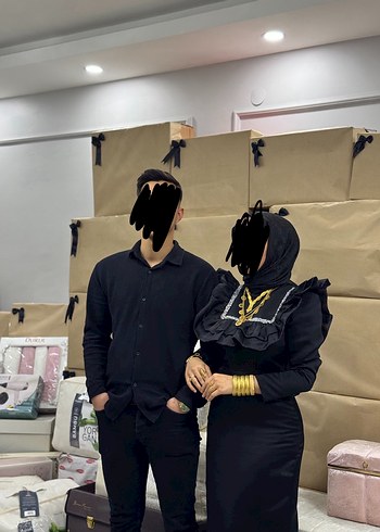 Uzun Kollu Siyah Gümüş taşlı midi boy abiye elbise - Görsel 2