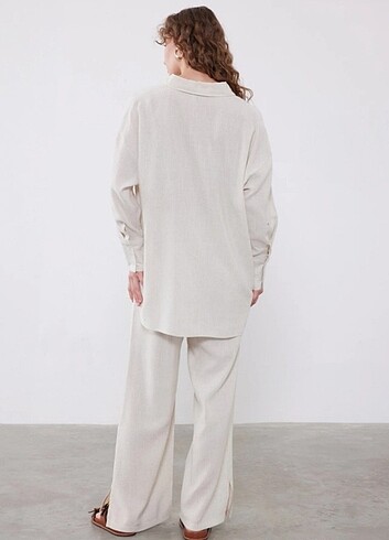 Zara İnce çizgili keten oversize takım