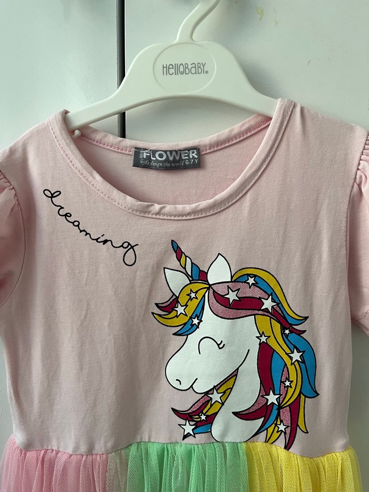 Kız Çocuk Unicorn Baskılı Renkli Elbise - Görsel 3