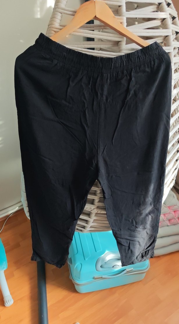 Havuç kesim düz keten karışımlı pantolon - Görsel 5