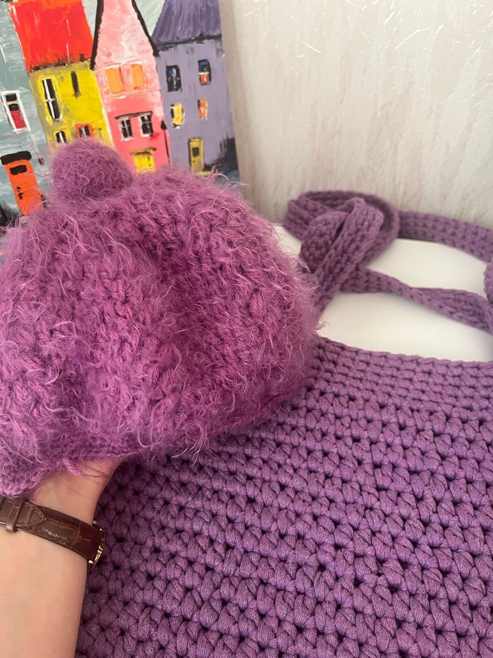 Mor Örgü Kadın Çanta ve ressam şapka - Görsel 2