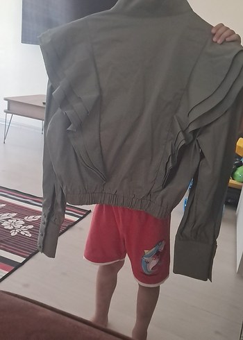 38 Beden yeşil Mini Kadın Ceket, Fırfırlı, Uzun Kollu