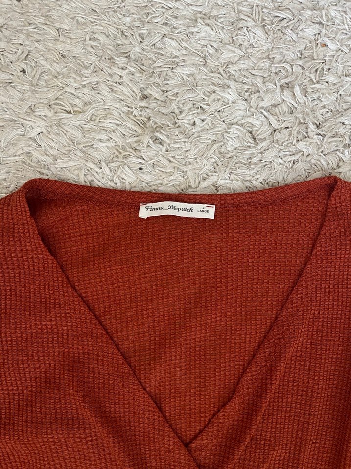 Midi Kollu, V Yakalı Kahverengi Bluz - Görsel 3