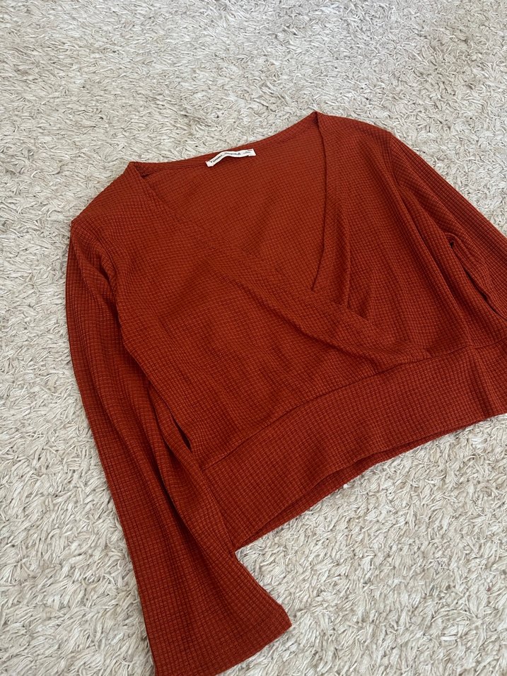 Midi Kollu, V Yakalı Kahverengi Bluz - Görsel 5