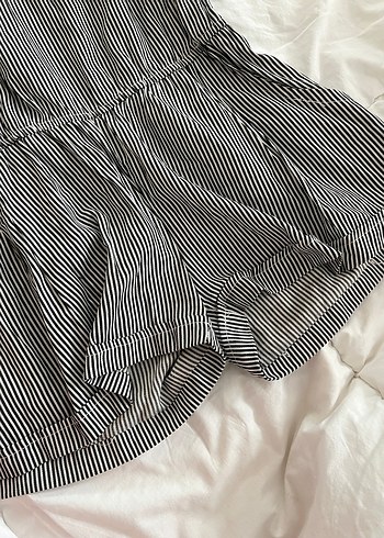 Çizgili, askısız, keten kısa tulum - Görsel 5