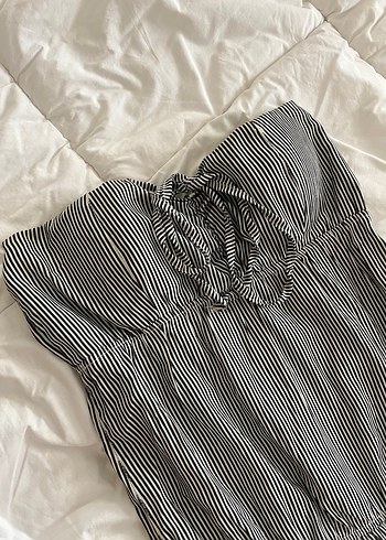 Çizgili, askısız, keten kısa tulum - Görsel 3